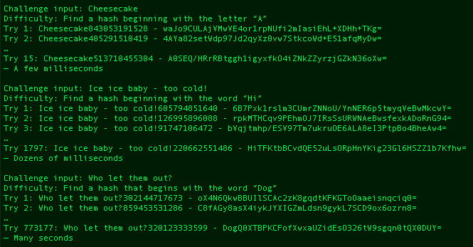 Screenshot of a hash puzzle. The screenshot shows a python script that takes an input extends it with a random value and check for a hash that starts with a predetermined sequence